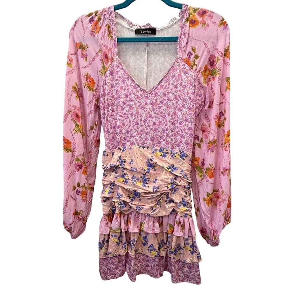 Rosedress Womens Floral Patchwork Cottagecore Mini Dress Ruching Ruffles Boho XS